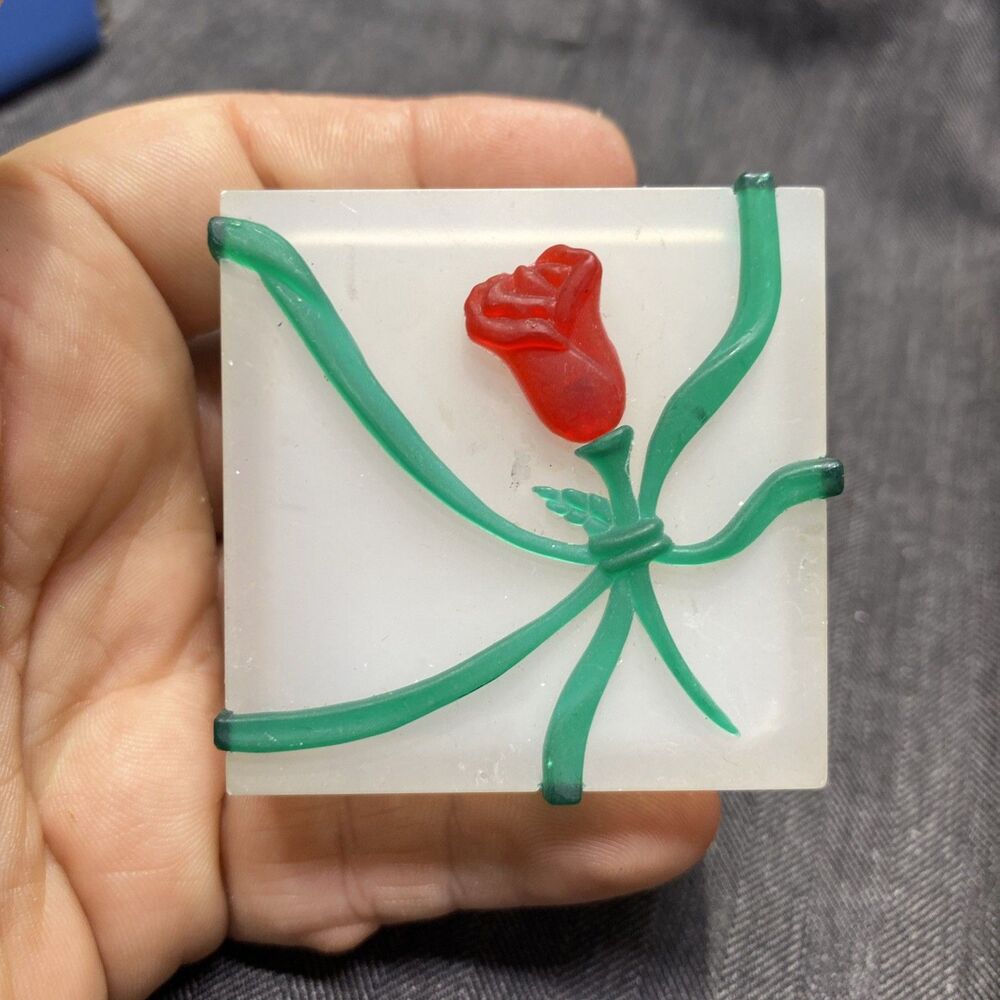 Square Shaped Trinket Box Plastic Hong Kong Marked JCM Red Flower Floral Vintage